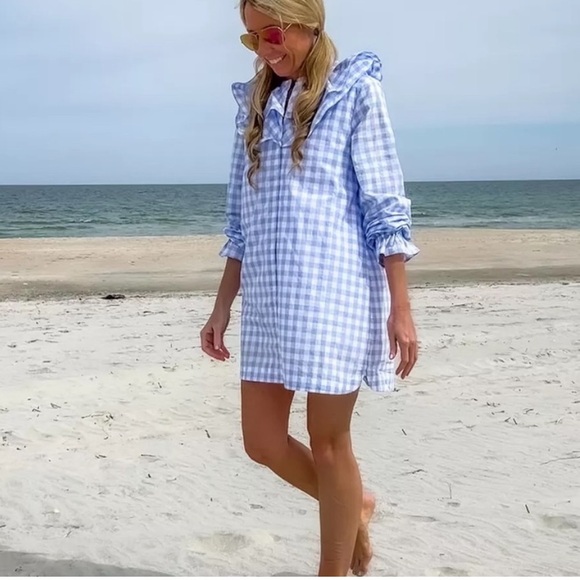 Hill House The Colette Dress in Blue Jacquard Check Ruffle Sz XS - Picture 15 of 15